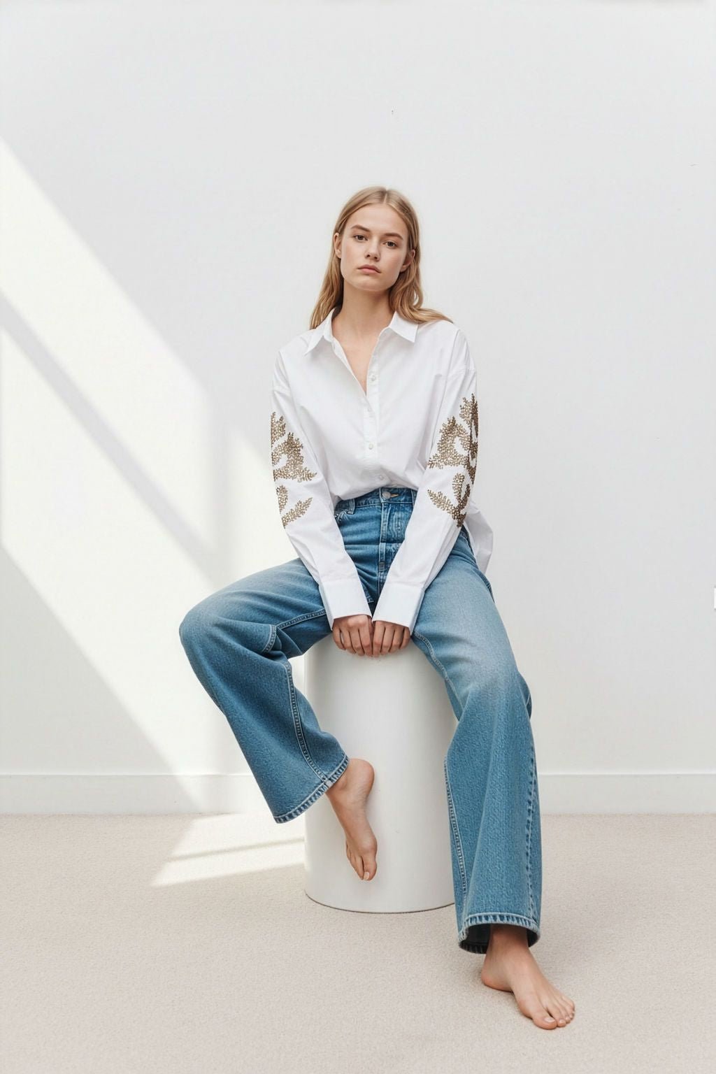 Chemise droite ample brodée COURTNEY DRAGON BLANC - School Rag