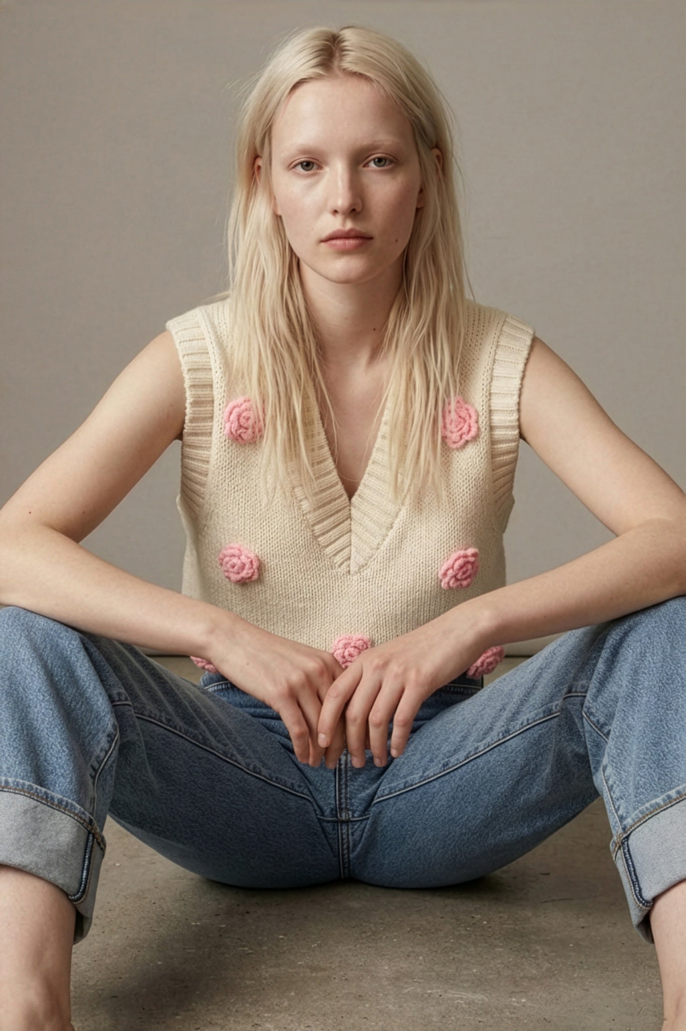 Pull sans manche à roses tricotées PIO ROSE - School Rag