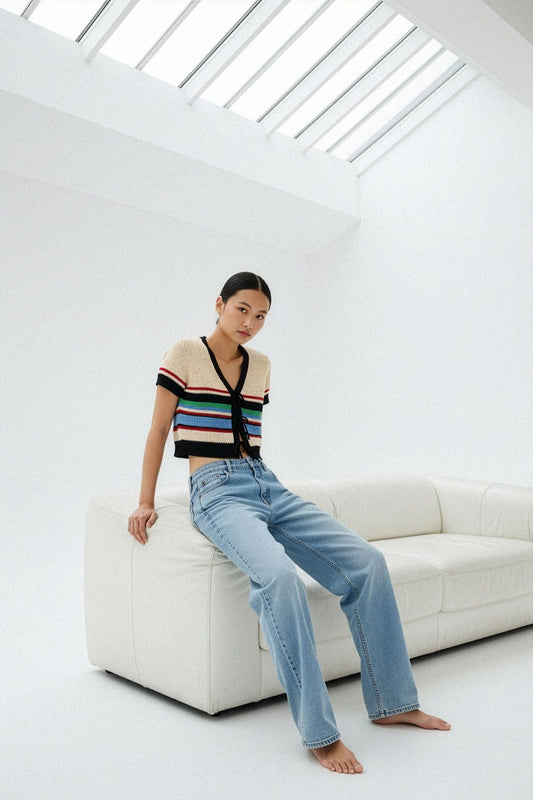 Achat Top court ajusté en maille 100% coton GENIUS ECRU RAYÉ MULTICO - School Rag