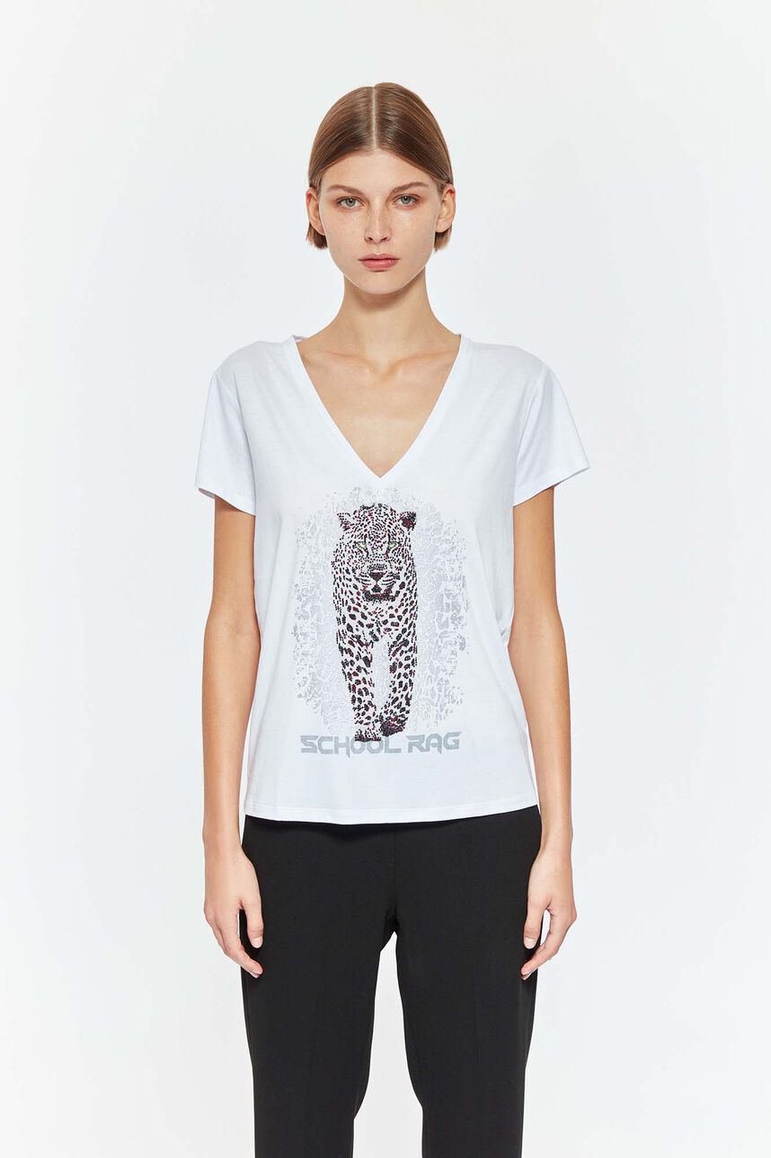 Tee-shirt à strass  - TESSA PANTHERE, BLANC, large