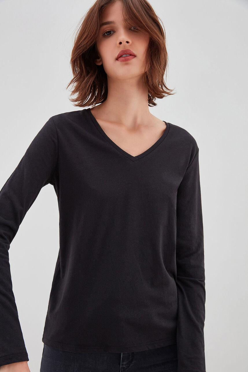 TESSA ML Tee-shirt en jersey lin et coton, NOIR, large