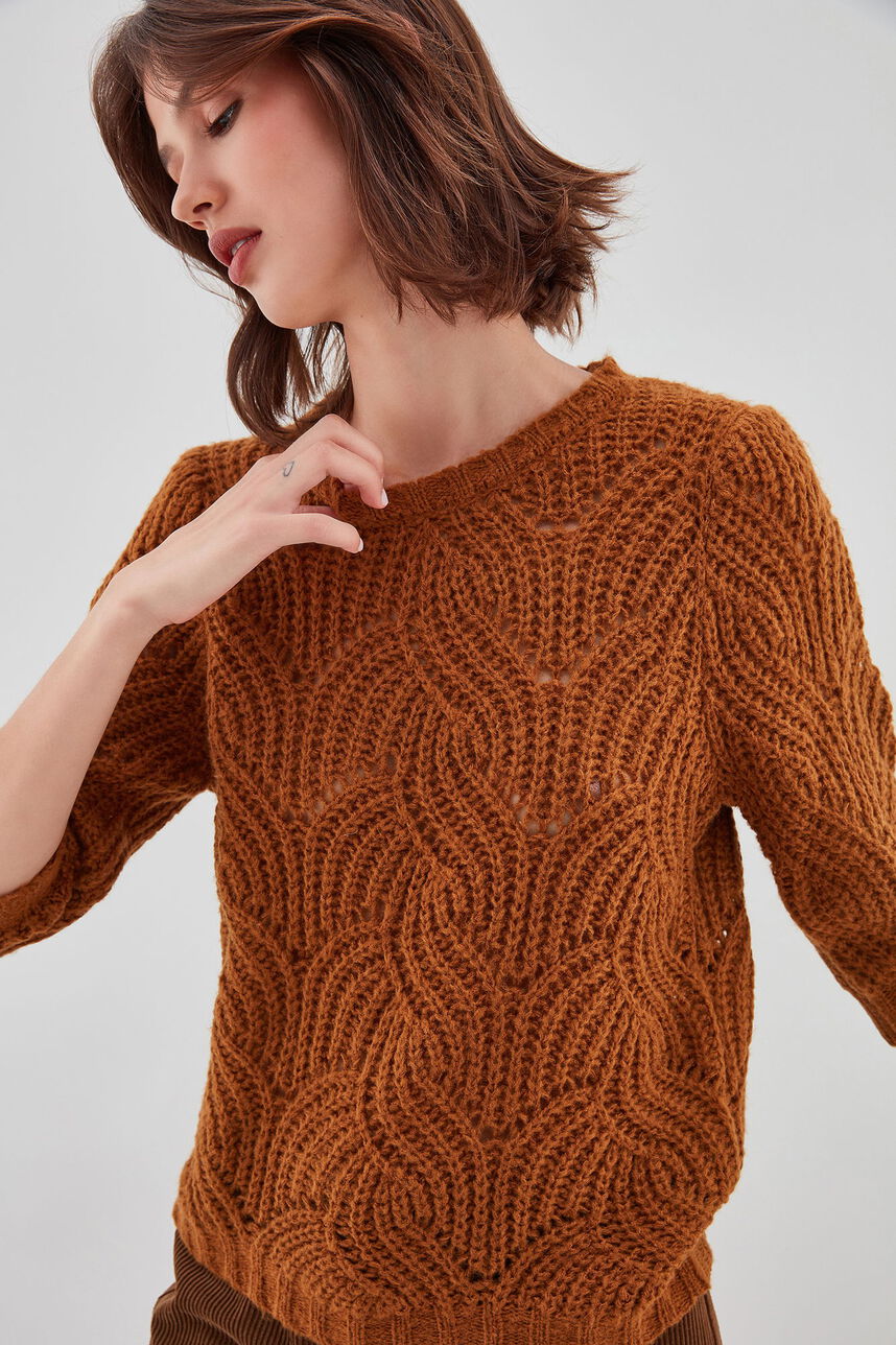 POLLY Pull tricoté en forme d'arabesque ajourée, DULCE BROWN, large